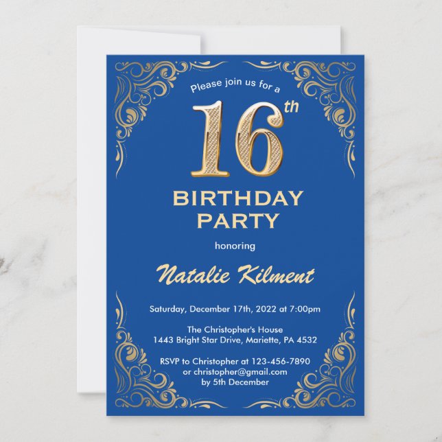 16th Birthday Blue and Gold Glitter Frame Invitation (Front)