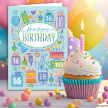 16th Birthday  Blue Cake Balloon Card<br><div class="desc">A blue birthday card for a 16th Birthday full of every kind of treat for the celebration. Cakes,  presents,  balloon,  flowers,  and party hats fill the card on a blue background and also form the bottom border on the inside of the card.</div>