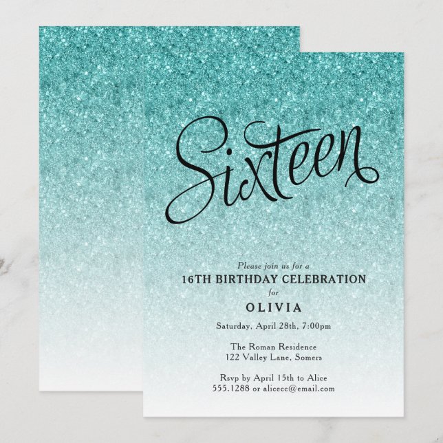 16th Birthday Blue Ombre Glitter Invitation (Front/Back)