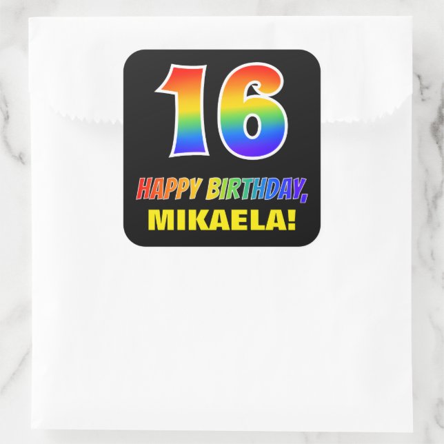 16th Birthday: Bold, Fun, Simple, Rainbow 16 Square Sticker (Bag)