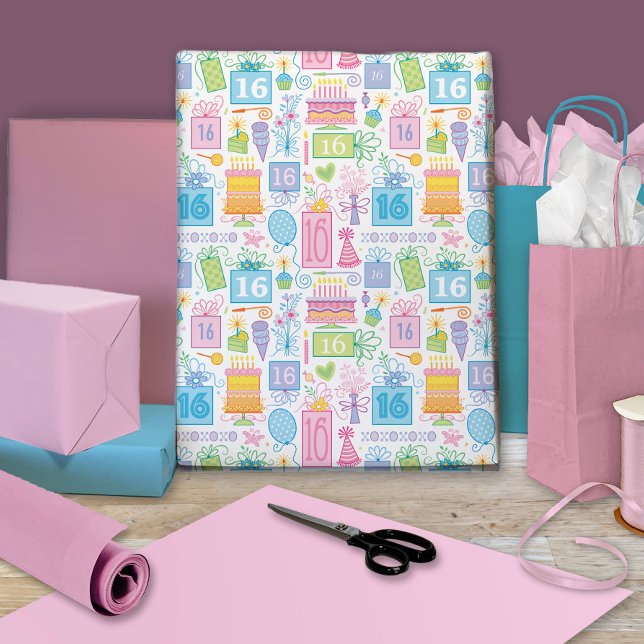16th Birthday Bright Pastel Cake Presents Balloons Wrapping Paper Sheet (Creator Uploaded)
