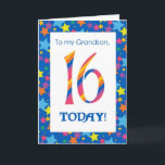 16th Birthday Card for Grandson, Stripes and Stars<br><div class="desc">A bright and colourful 16th Birthday Card for a Grandson,  with striped numbers and a starry border,  from a digital design by Judy Adamson. You can change the inside message if you wish.</div>