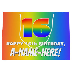 16th Birthday: Colourful, Fun Rainbow Pattern # 16 Large Gift Bag