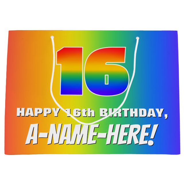 16th Birthday: Colourful, Fun Rainbow Pattern # 16 Large Gift Bag (Front)