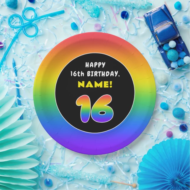 16th Birthday: Colourful Rainbow # 16, Custom Name Paper Plate (Party)