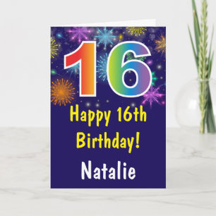 16th Birthday Colourful Rainbow Fireworks Navy Blu Card