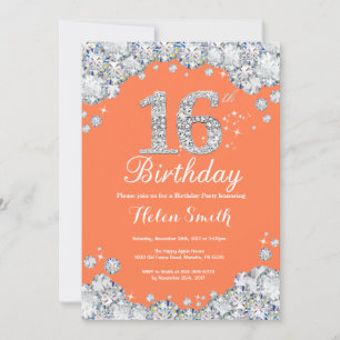 16th Birthday Coral and Silver Diamond Invitation