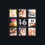 16th birthday custom photo collage black monogram canvas print<br><div class="desc">A unique 16th birthday gift or keepsake, celebrating her life with a collage of 8 of your photos. Add images of her family, friends, pets, hobbies or dream travel destination. Personalize and add a name, age 16 and a date. Grey and white coloured letters. A chic black background. This canvas...</div>