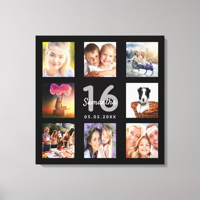 16th birthday custom photo collage black monogram canvas print (Front)