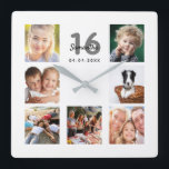 16th birthday custom photo collage friends<br><div class="desc">A wall clock as a gift for a Sweet 16, 16th birthday for a woman, celebrating her life with a collage of 7 of your photos. Personalize and add a name, age 16 and a date. Date of birth or the date of the anniversary. Black and grey coloured letters. A...</div>