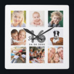 16th birthday custom photo collage girl milestone square wall clock<br><div class="desc">A wall clock as a gift for a Sweet 16, 16th birthday for a girl, celebrating her life with a collage of 8 of your photos. Personalize and add a name, age 16 and a date. Date of birth or the date of the anniversary. Black and gray colored letters. A...</div>