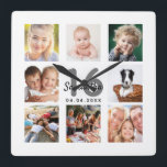 16th birthday custom photo collage girl milestone square wall clock<br><div class="desc">A wall clock as a gift for a Sweet 16, 16th birthday for a girl, celebrating her life with a collage of 8 of your photos. Personalize and add a name, age 16 and a date. Date of birth or the date of the anniversary. Black and gray colored letters. A...</div>