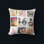 16th birthday custom photo collage girl white throw pillow<br><div class="desc">A unique gift for a girl's Sweet 16, 16th birthday, celebrating her life with a collage of 8 of your own photos, pictures. Personalize and add her name, age 16 and a date. A chic white background. Grey and black letters and numbers. The name is written with a modern hand...</div>