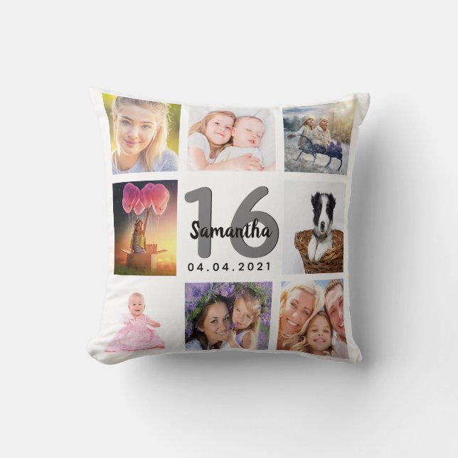 16th birthday custom photo collage girl white throw pillow (Front)