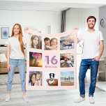 16th birthday custom photo collage rose gold pink fleece blanket<br><div class="desc">A gift for a girl's 16th birthday, celebrating her life with a collage of 8 of your photos of her friends, family, interest or pets. Personalize and add her name, age 16 and a date. Date of birth or the date of the birthday party. Pink and purple coloured letters. Girly...</div>