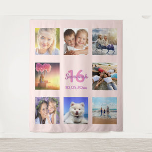 16th birthday custom photo collage rose gold pink tapestry