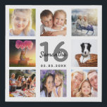 16th birthday custom photo collage white monogram faux canvas print<br><div class="desc">A unique 16th birthday gift or keepsake, celebrating her life with a collage of 8 of your photos. Add images of her family, friends, pets, hobbies or dream travel destination. Personalize and add a name, age 16 and a date. Grey and black coloured letters. A chic white background. This canvas...</div>