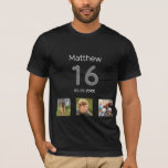 16th birthday custom photo monogram boy T-Shirt<br><div class="desc">For a 16th birthday as a gift or for the party. A collage of 3 of your photos of himself friends,  family,  interest or pets.  Personalize and add his name,  age 16 and a date.  Date of birth or the date of the birthday party.  White and grey coloured text.</div>