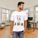 16th birthday custom photo monogram boy T-Shirt<br><div class="desc">For a 16th birthday as a gift or for the party. A collage of 3 of your photos of himself friends,  family,  interest or pets.  Personalize and add his name,  age 16 and a date.  Date of birth or the date of the birthday party.  Grey and black coloured text.</div>