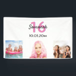 16th birthday custom photo pink monogram girl banner<br><div class="desc">For a Sweet 16, 16th birthday as a party welcome banner or wall decoration. A collage of 3 of your photos of herself friends, family, interest or pets. Personalize and add her name, age 16 and a date. Date of birth or the date of the birthday party. Pink and black...</div>