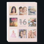 16th birthday custom photo rose gold blush pink wooden box sign<br><div class="desc">A unique 16th birthday gift or keepsake, celebrating her life with a collage of 8 of your photos. Add images of her family, friends, pets, hobbies or dream travel destination. Personalize and add a name, age 16 and a date. Grey and dark rose gold coloured letters. Elegant and trendy blush...</div>