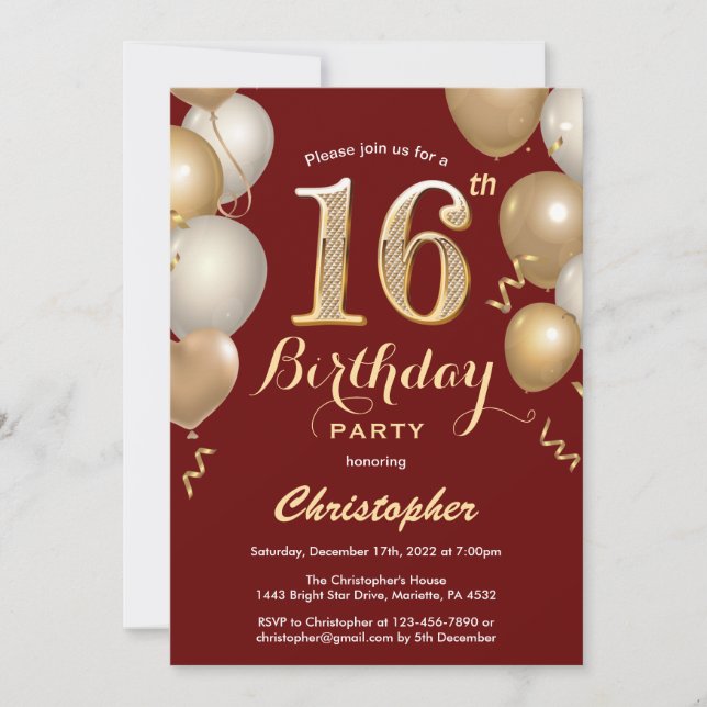 16th Birthday Dark Red and Gold Balloons Confetti Invitation (Front)