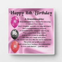 16th Birthday Design Granddaughter Poem Plaque