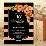 16th Birthday Dinner Striped Coral Floral Party Invitation<br><div class="desc">Black and faux glitter coral striped floral 16th birthday dinner party invitation.</div>