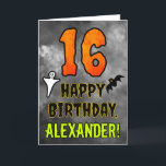 16th Birthday: Eerie Halloween Theme   Custom Name Card<br><div class="desc">The front of this scary and spooky Hallowe’en themed birthday greeting card design features a large number “16”. It also features the message “HAPPY BIRTHDAY, ”, plus a personalized name. There are also depictions of a ghost and a bat on the front. The inside features a personalized birthday greeting message,...</div>