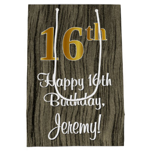 16th Birthday: Elegant Faux Gold Look #, Faux Wood Medium Gift Bag