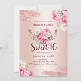 16th Birthday Elegant Rose Gold Floral Invitation