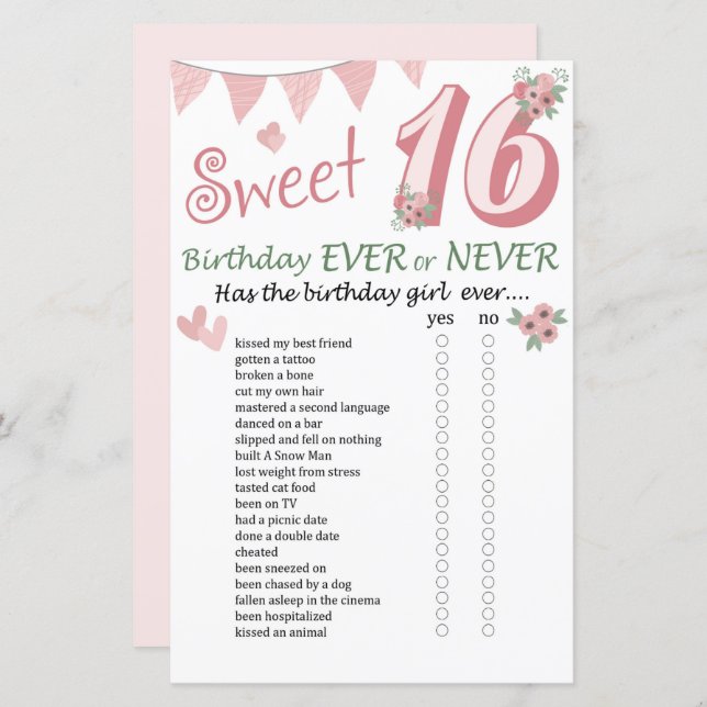 16th Birthday Ever or Never Game (Front/Back)