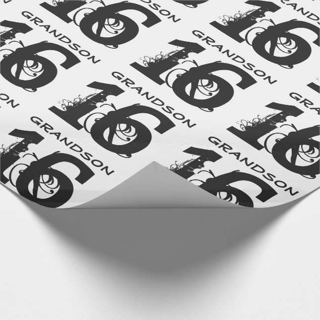 16th Birthday for a grandson, black text on white. Wrapping Paper (Corner)