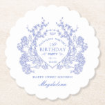 16th Birthday French Blue Floral Crest Custom Paper Coaster<br><div class="desc">An elegant French vintage blue floral crest takes centre stage on this timeless custom paper coaster. Ornate,  formal and very feminine will make any birthday lady feel very special. Coordinating party supplies are available.</div>