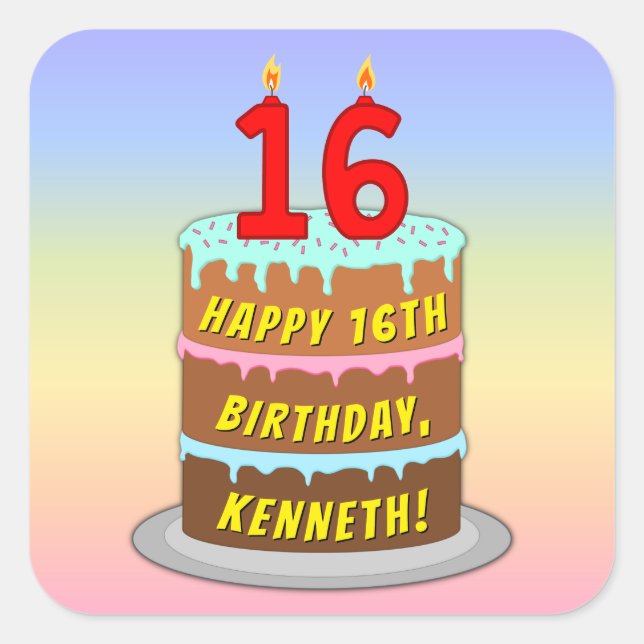 16th Birthday: Fun Cake and Candles + Custom Name Square Sticker (Front)