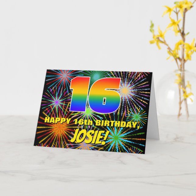 16th Birthday: Fun, Colourful Celebratory Firework Card (Yellow Flower)