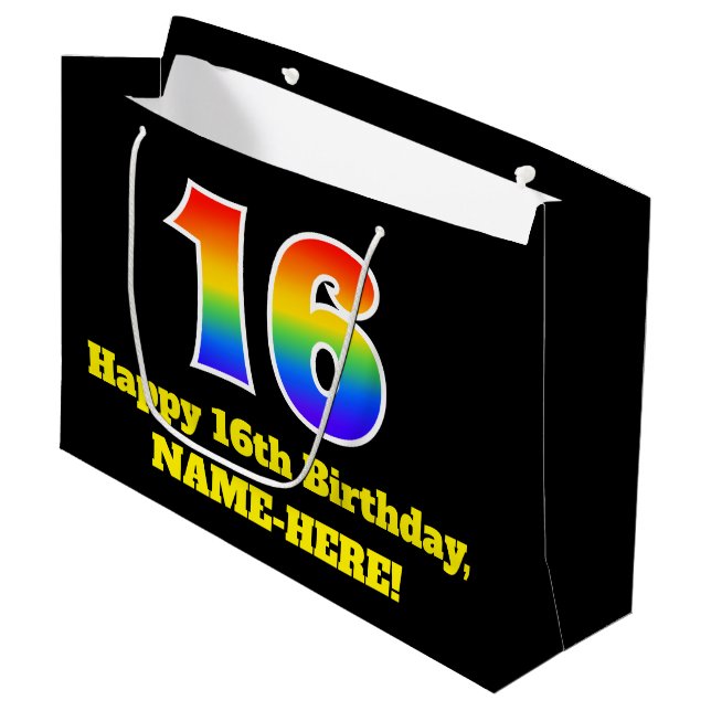 16th Birthday ~ Fun, Colourful, Vibrant, Rainbow 1 Large Gift Bag (Front Angled)