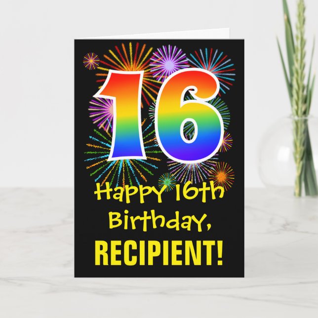 16th Birthday: Fun Fireworks Pattern + Rainbow 16 Card (Front)