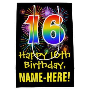 16th Birthday: Fun Fireworks Pattern + Rainbow 16 Medium Gift Bag