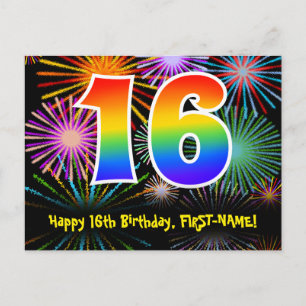 16th Birthday – Fun Fireworks Pattern + Rainbow 16 Postcard