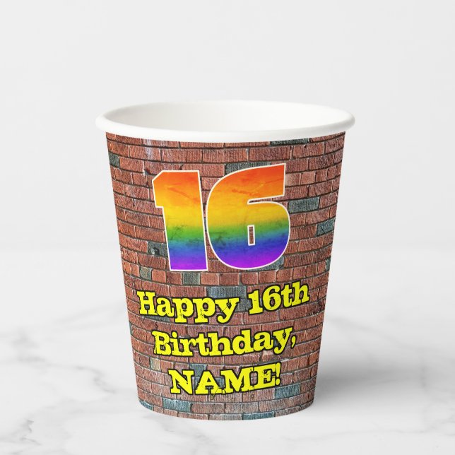 16th Birthday: Fun Graffiti-Inspired Rainbow 16 Paper Cups (Front)