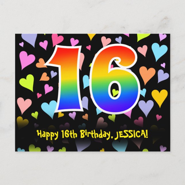 16th Birthday: Fun Hearts Pattern, Rainbow 16 Postcard (Front)