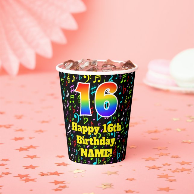 16th Birthday: Fun Music Notes Pattern, Rainbow 16 Paper Cups (Insitu)
