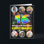 16th Birthday: Fun Rainbow #, Custom Name & Photos Card<br><div class="desc">The front of this cheerful and upbeat birthday greeting card design features a large number “16“ with a colourful rainbow spectrum inspired gradient pattern, along with the message “HAPPY 16th BIRTHDAY, ” and a customizable name, on a pattern inspired by bursting multicolored fireworks. At the top and the bottom of...</div>