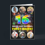 16th Birthday: Fun Rainbow #, Custom Name & Photos Card<br><div class="desc">The front of this cheerful and upbeat birthday greeting card design features a large number “16“ with a colourful rainbow spectrum inspired gradient pattern, along with the message “HAPPY 16th BIRTHDAY, ” and a customizable name, on a pattern inspired by bursting multicolored fireworks. At the top and the bottom of...</div>
