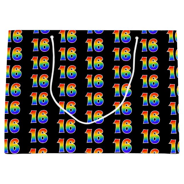 16th Birthday: Fun Rainbow Event Number 16 Pattern Large Gift Bag (Front)