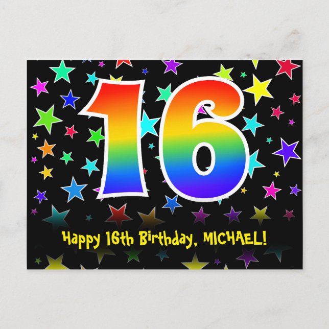 16th Birthday: Fun Stars Pattern, Rainbow 16, Name Postcard (Front)