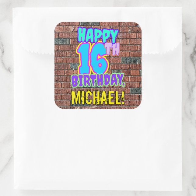 16th Birthday – Fun, Urban Graffiti Inspired Look Square Sticker (Bag)