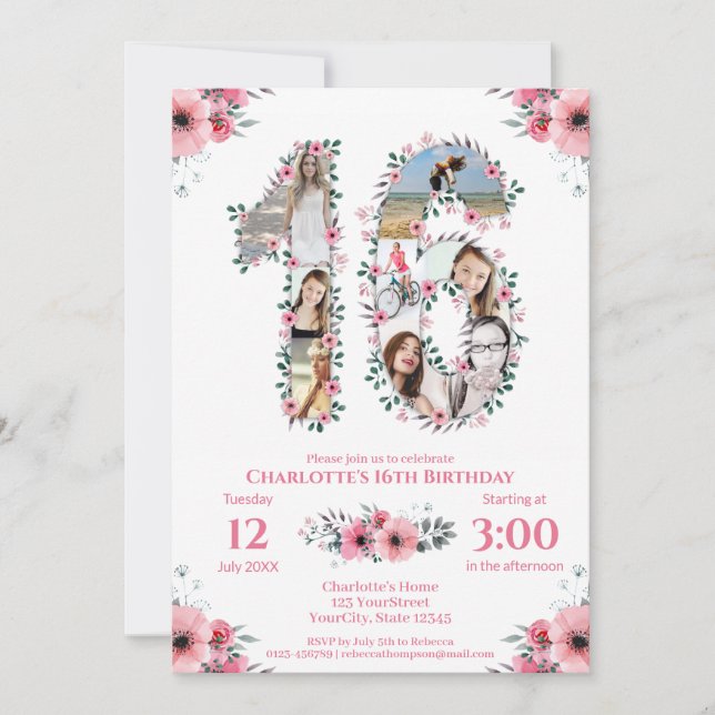 16th Birthday Girl Photo Collage Pink Flower White Invitation (Front)
