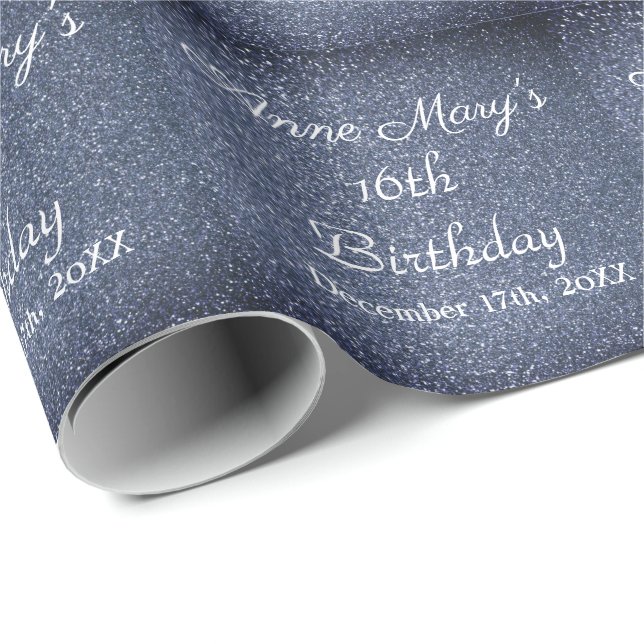 16th Birthday Glittery Sparkle Custom Dusty Blue Wrapping Paper (Roll Corner)